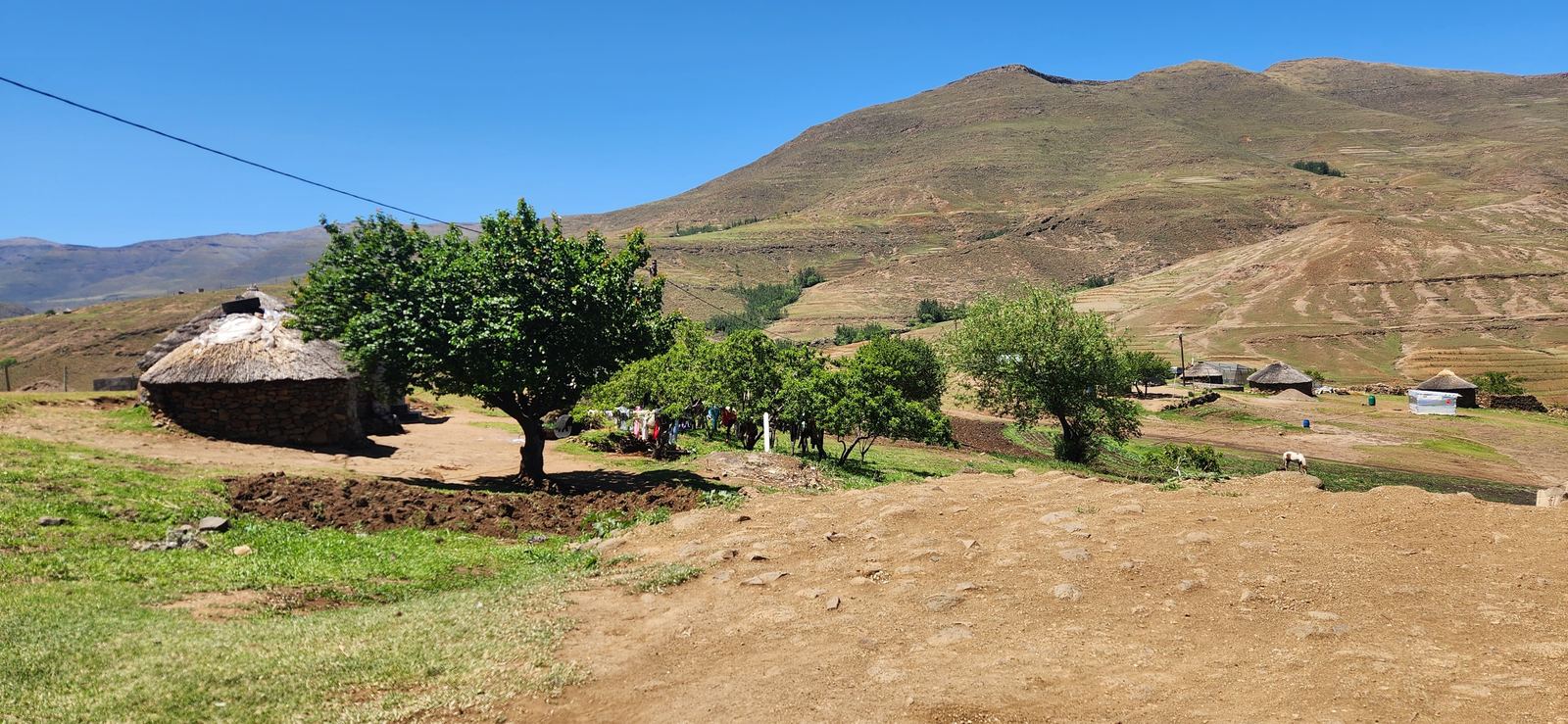 Round thatched houses below the mountains in Lesotho